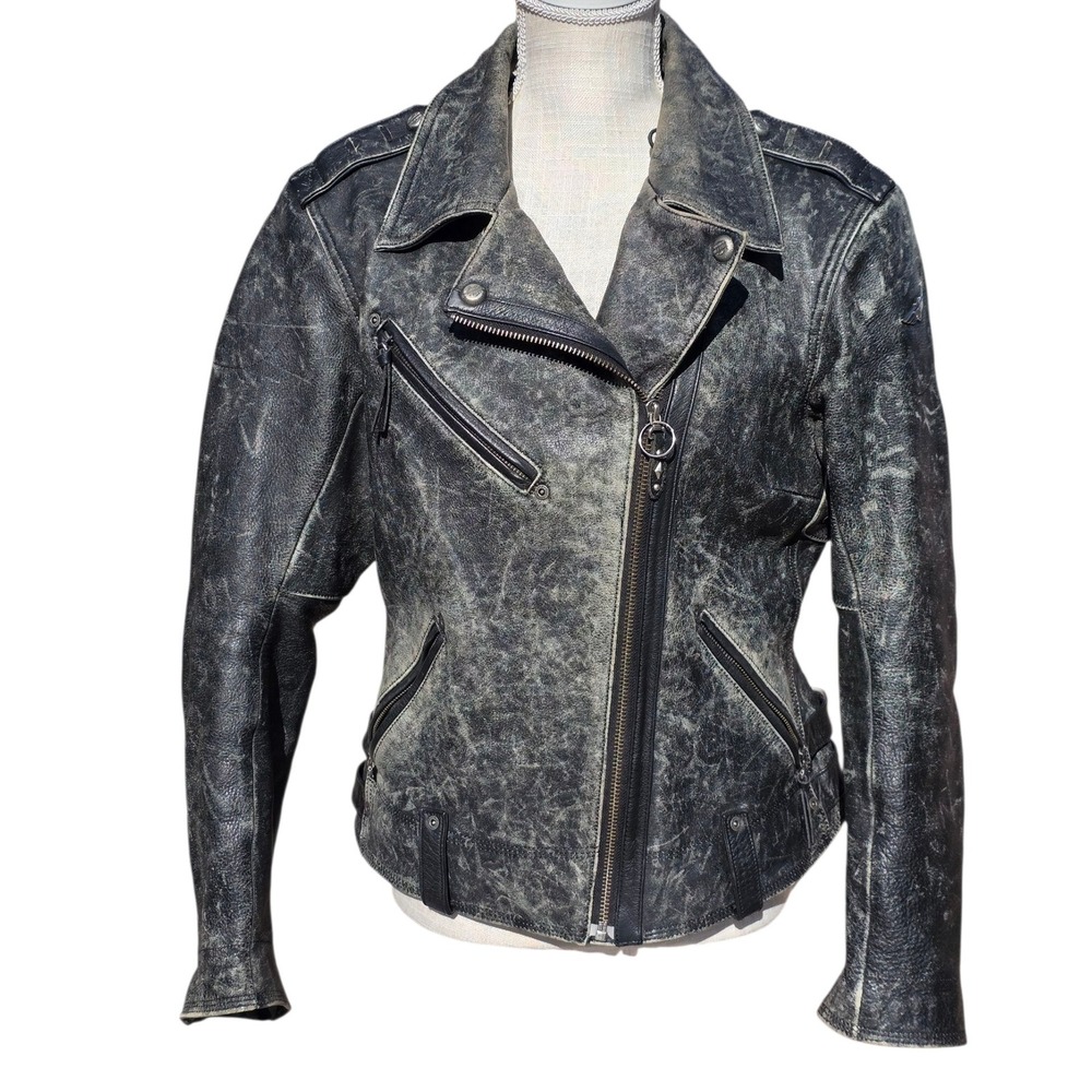 Vintage Harley Davidson Distressed Black Leather Biker Motorcycle Jacket